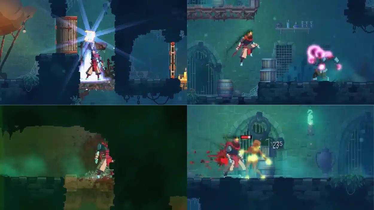 Split screen showing four different action sequences from the pixel art roguelike game Dead Cells, featuring combat and item interaction
