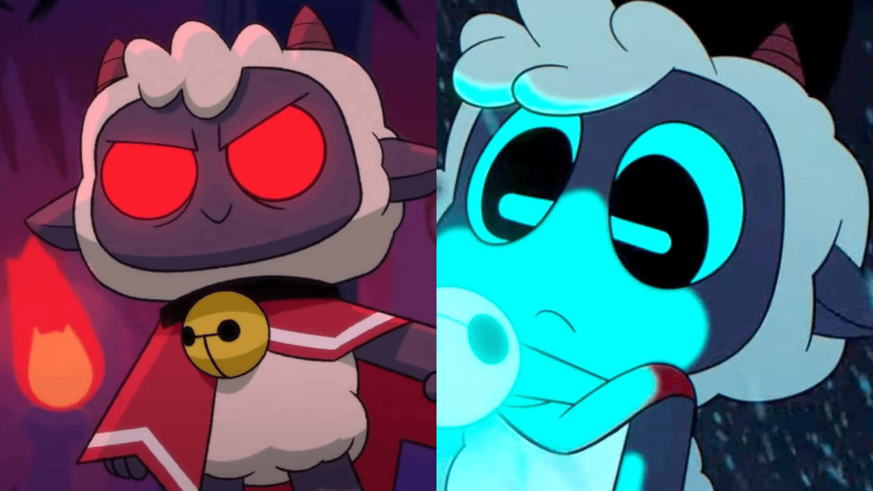 Split screen showing the Cultist Lamb from Cult of the Lamb with glowing red eyes on the left and glowing cyan eyes on the right