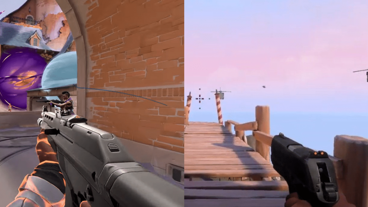 Split-screen view comparing first-person perspectives from Valorant showing a practice map and ranked multiplayer weapons