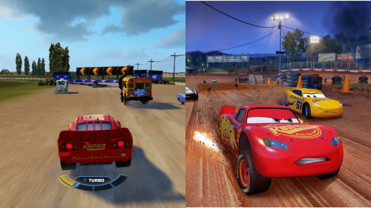 Split-screen view of two different Cars video game races featuring Lightning McQueen on dirt tracks, one in daylight and one at night