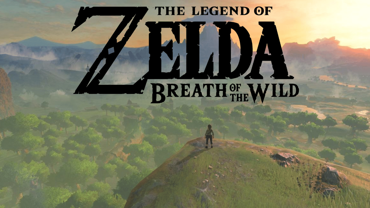 The Legend of Zelda Breath of the Wild title screen featuring Link standing atop a grassy hill overlooking a vast, misty landscape