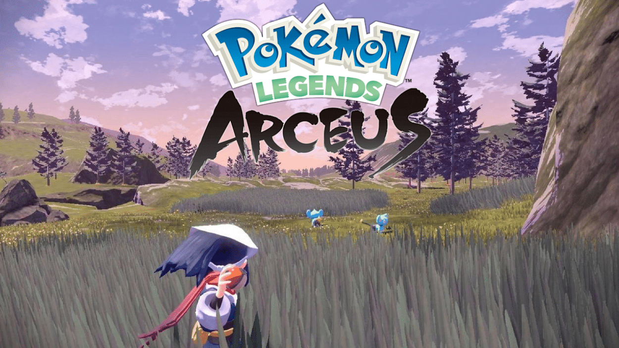 Title screen for Pokémon Legends Arceus featuring a character observing two blue Pokémon in a grassy field beneath the game's logo and a lavender sky