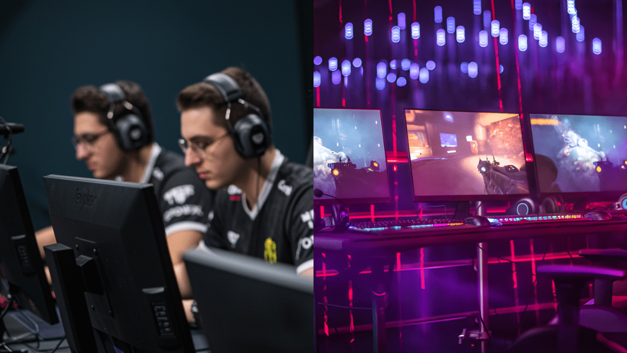 Two players playing a video game on their computers, surrounded by gaming gear and snacks, fully immersed in the action