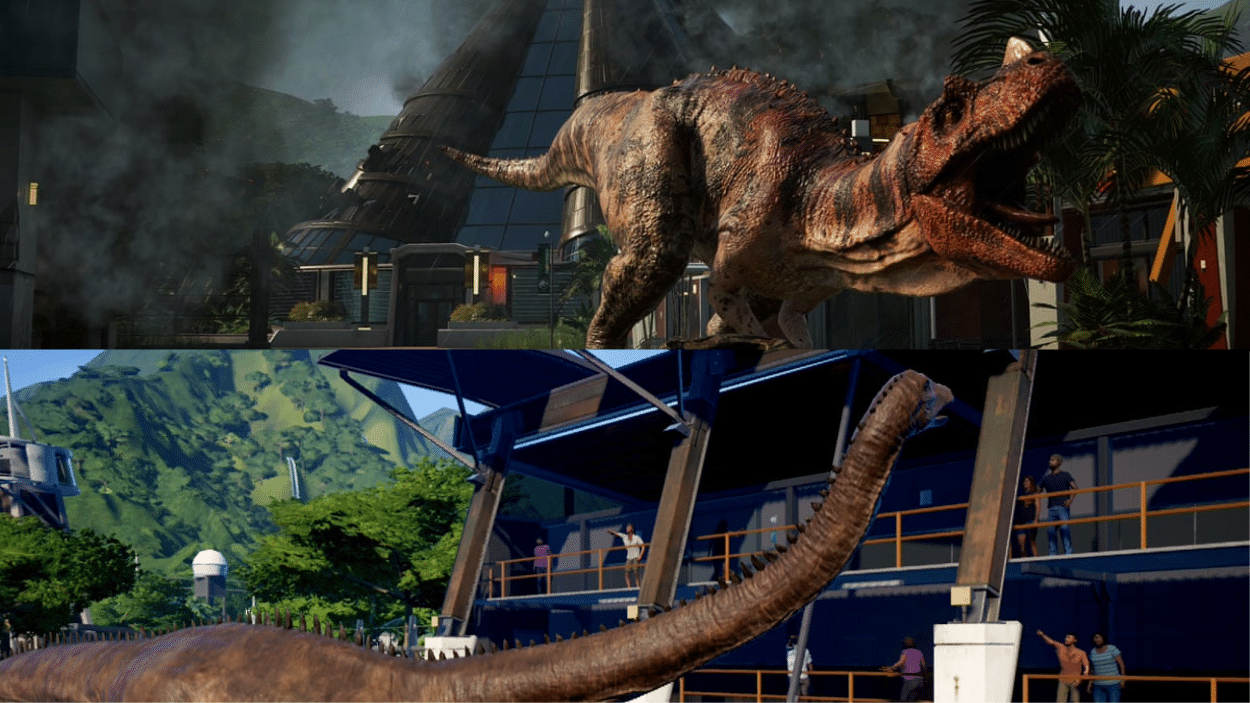 Two vibrant dinosaur illustrations are displayed against the backdrop of a grand building