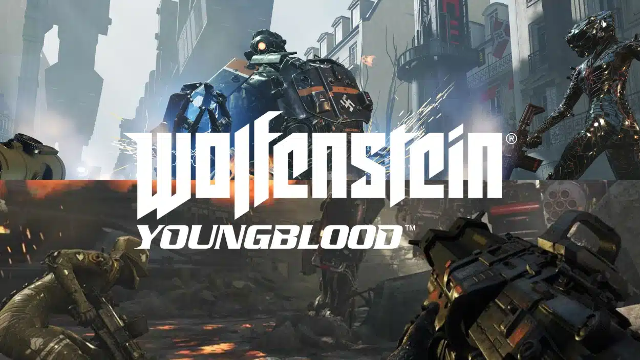 artwork for the video game Wolfenstein Youngblood, featuring combat scenes against armored enemies and the game's title logo