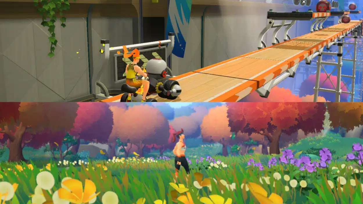 image showing a character on a futuristic track above and a character standing in a vibrant, colorful flower meadow below.