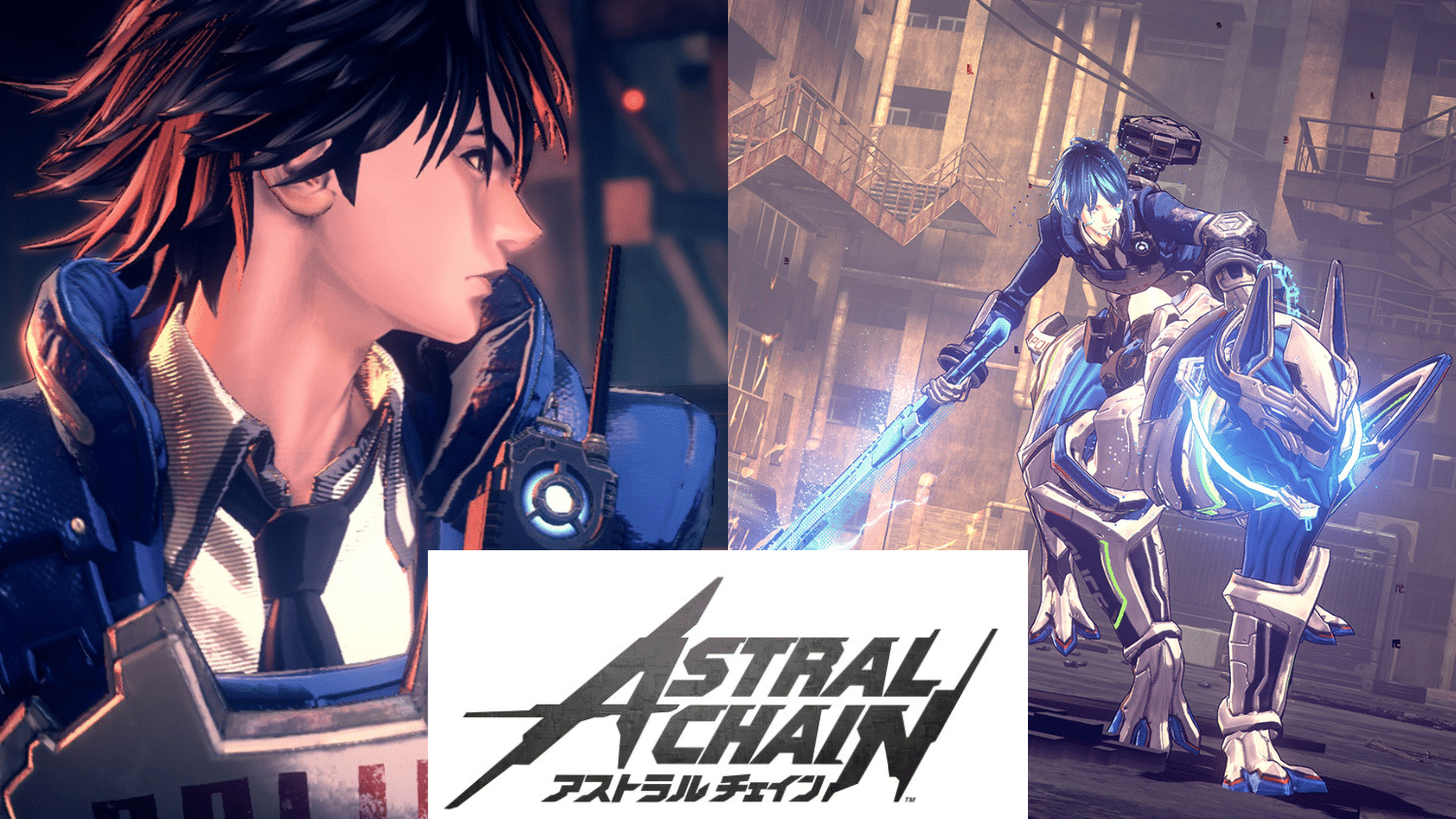 main character from Astral Chain on the left and another character riding a glowing, futuristic canine Legion in an urban setting on the right, overlaid with the game's logo