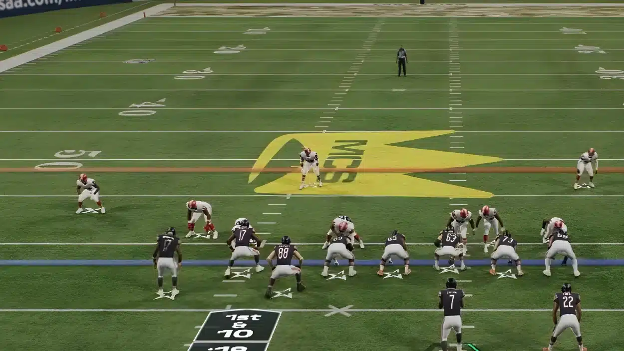 A Madden tournament snippet shows players in dark and white uniforms lined up over the ball near the 40-yard line