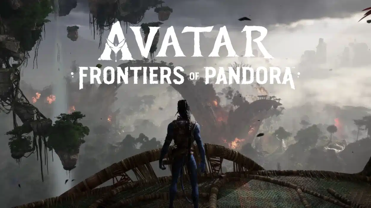 A Na'vi character overlooking the mountains and hazy landscape of Pandora, with the title Avatar Frontiers of Pandora displayed above