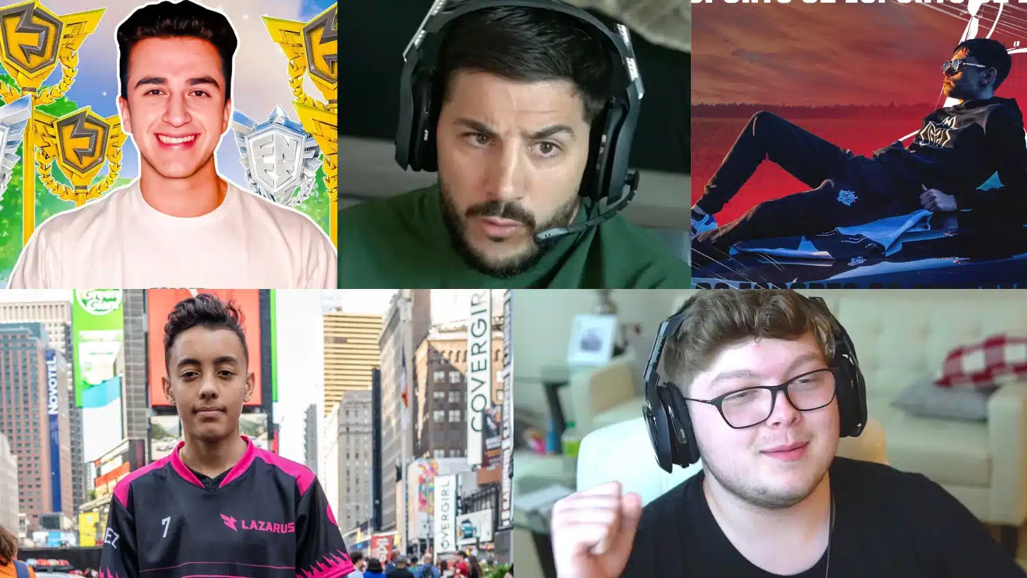 A collage featuring Fortnite pro players, namely Ayden, Wolfiez, Epikwhale, Letshe, and Nickmercs