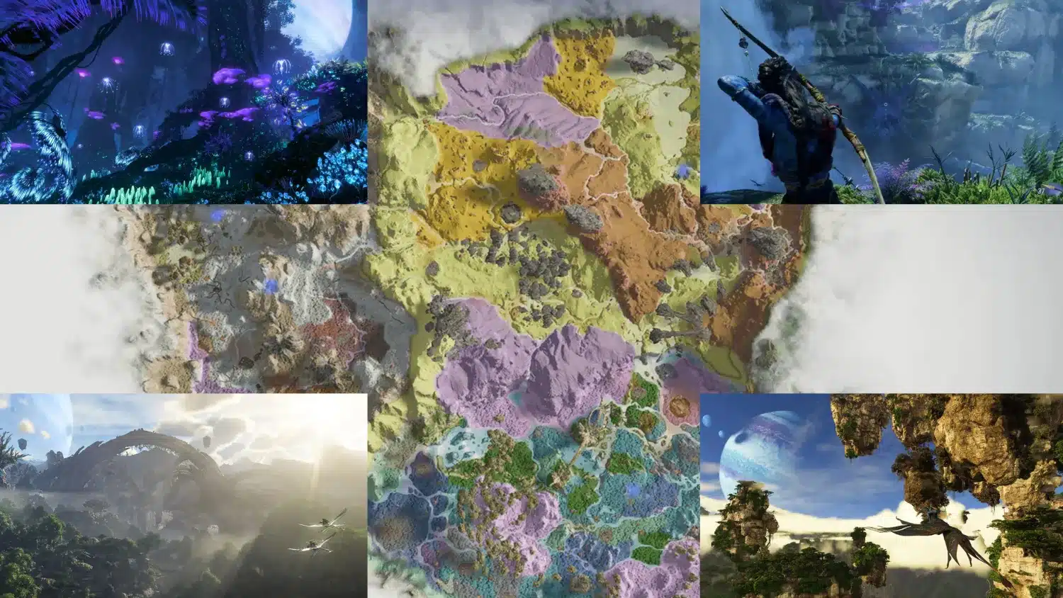 A collage showcasing colorful, bioluminescent Pandora landscapes, a segmented world map, a Na'vi warrior, floating mountains, and planets