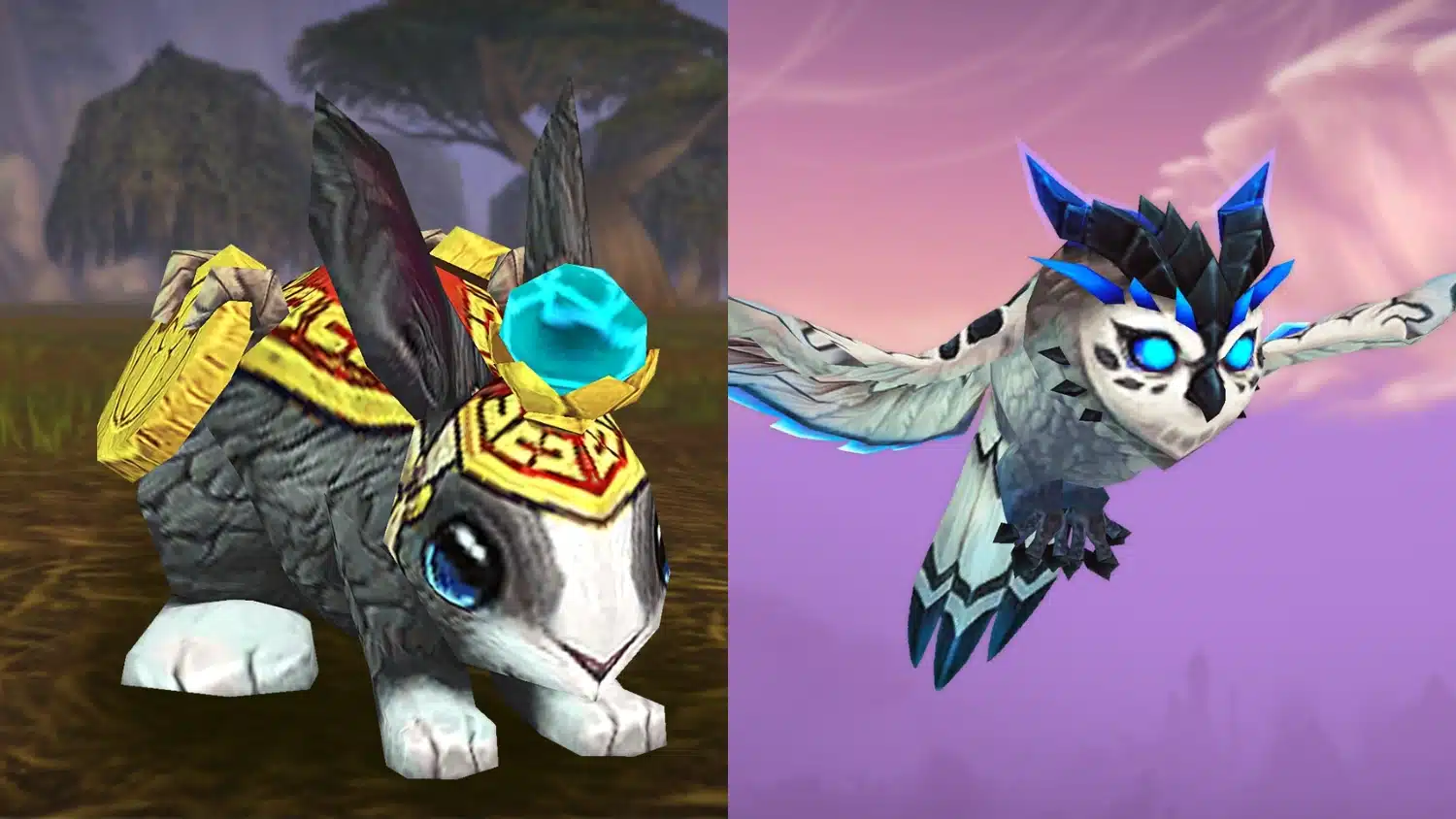 An image showing a World of Warcraft jeweled rabbit pet next to a flying white owl with bright blue accents