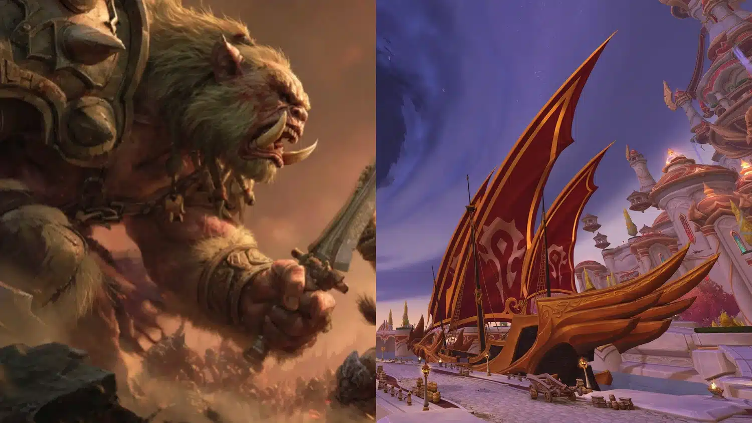 An image showing a fierce, armored Troll warrior and a golden Alliance ship with red sails docked by a pale purple fantasy city