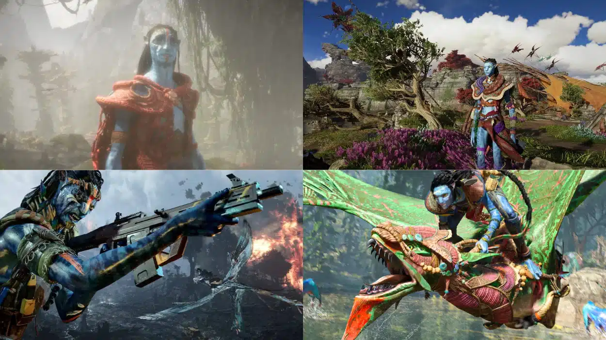 Different scenes of the blue Na'vi characters from the Avatar - Frontiers of Pandora game, including combat, exploration, and riding a banshee