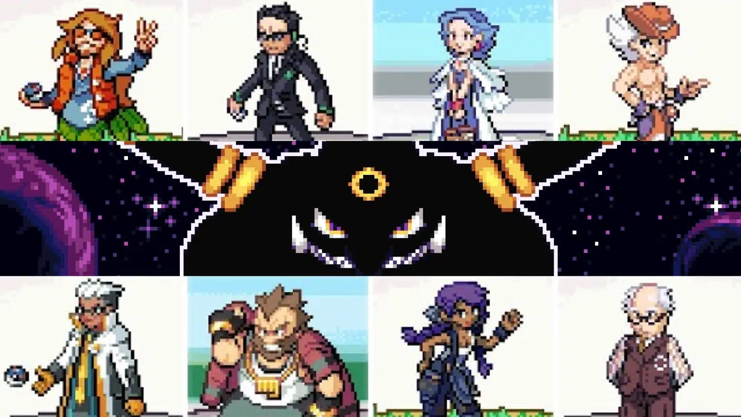 Eight pixel art portraits of Pokémon Unbound gym leaders are displayed above and below a dark, starry banner featuring glowing eyes