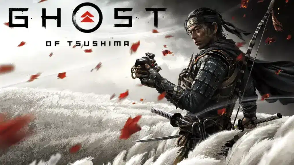 Ghost of Tsushima key art showing Jin Sakai holding his mask in a windy field with falling red leaves.
