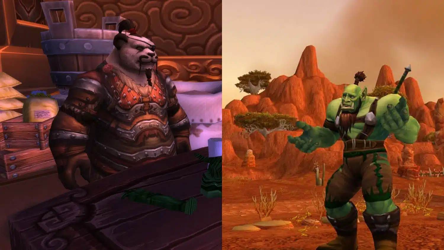Image featuring a Pandaren character sitting indoors and a green Orc character standing in a dry, orange landscape, both from World of Warcraft