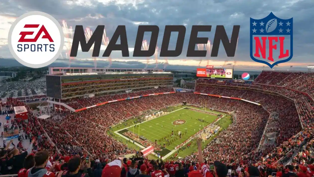 Image featuring an NFL stadium packed with fans, with the EA Sports logo and the NFL shield logo depicting a Madden tournament scene