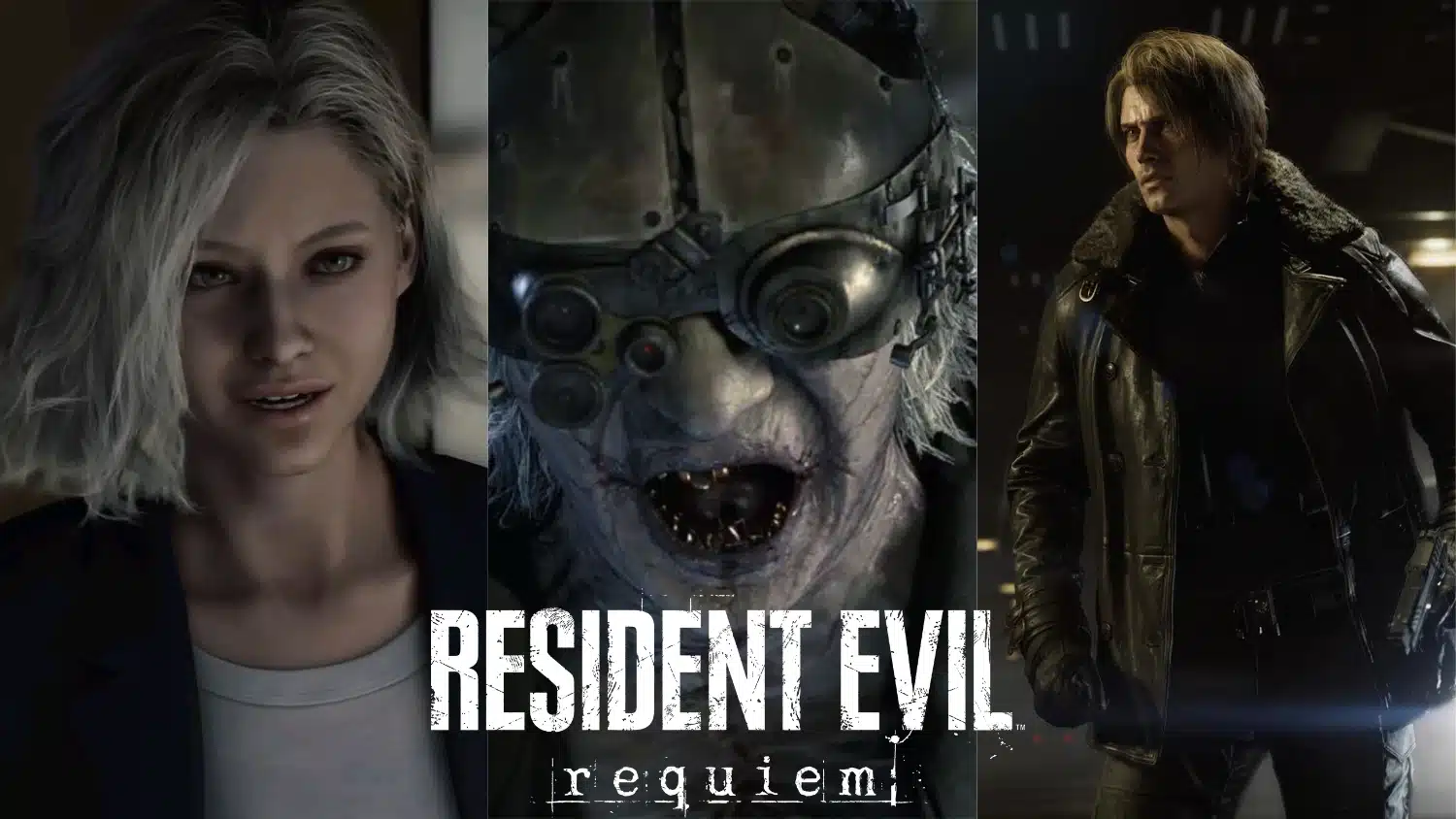 Image for Resident Evil Requiem featuring the characters - Grace Ashcroft, Victor Gideon, and Leon S. Kennedy in a leather coat