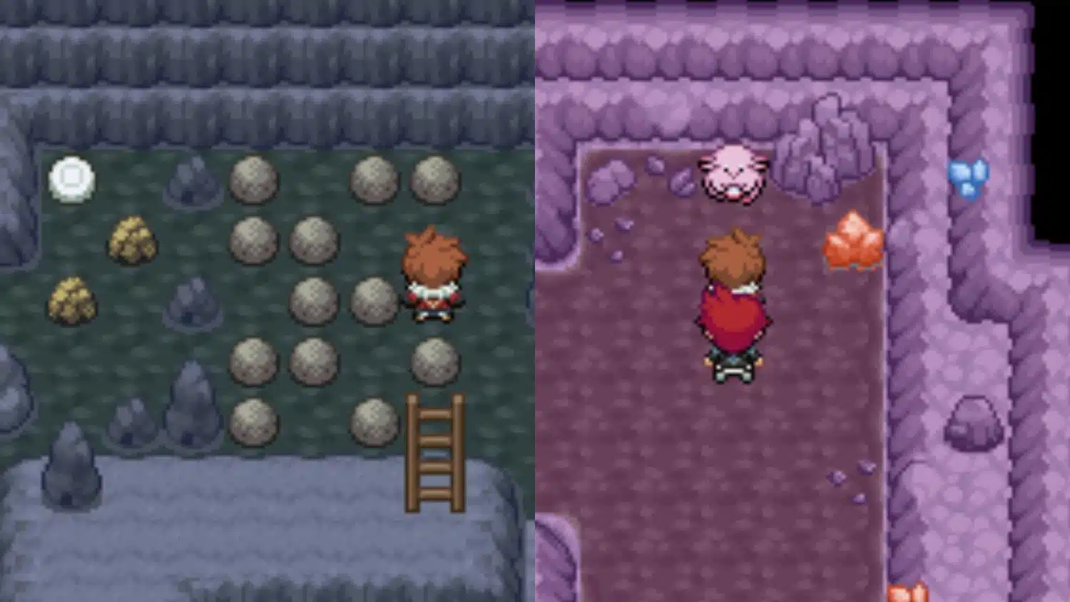 Image from a Pokémon game showing a trainer character in a dark, rock-filled cavern and a purple, crystal-filled cavern encounter with a wild Clefairy