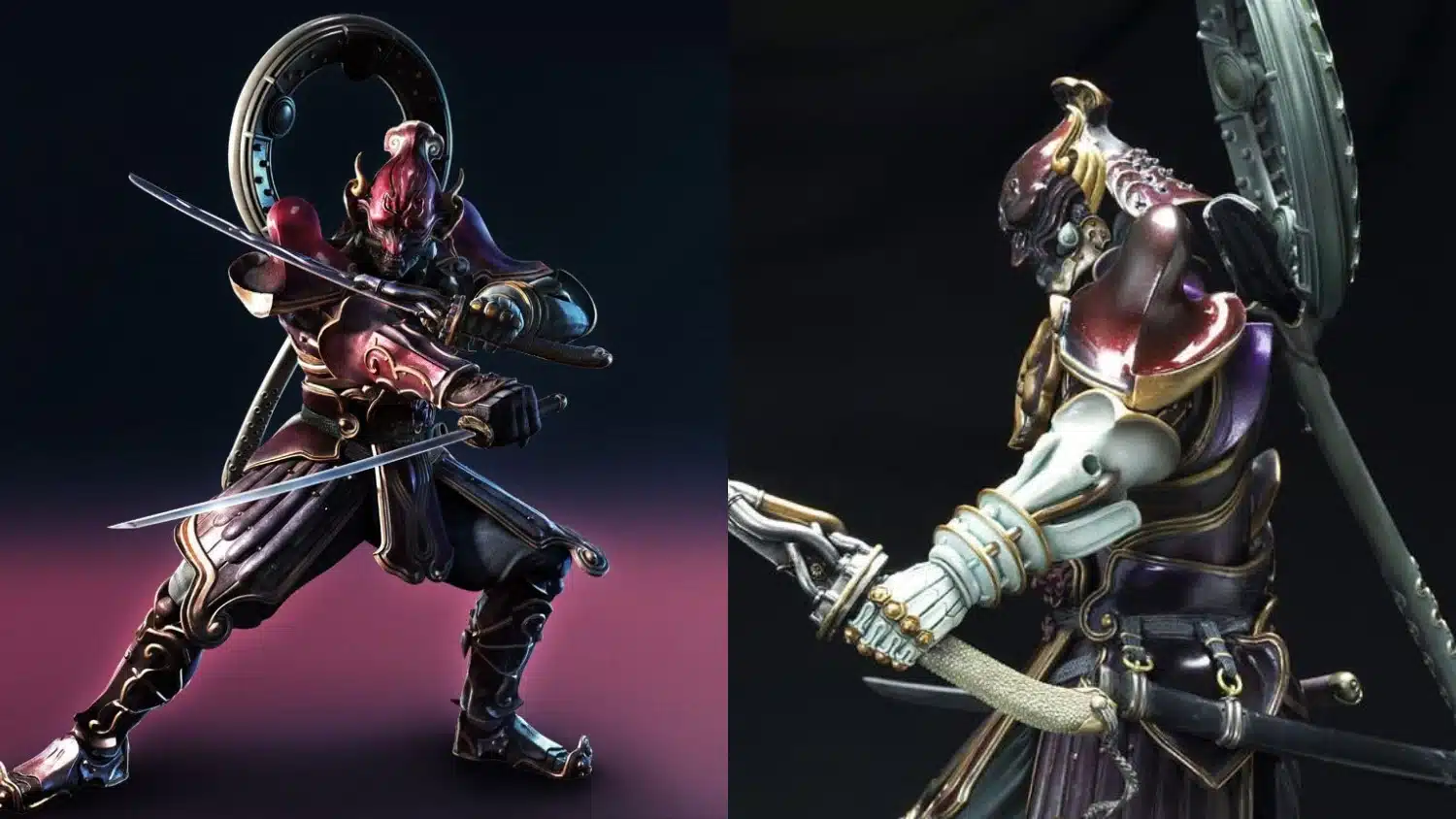 Image showcasing two views of a highly detailed, dark-armored, red-masked Yoshimitsu from Tekken Tag Tournament 2, wielding katanas