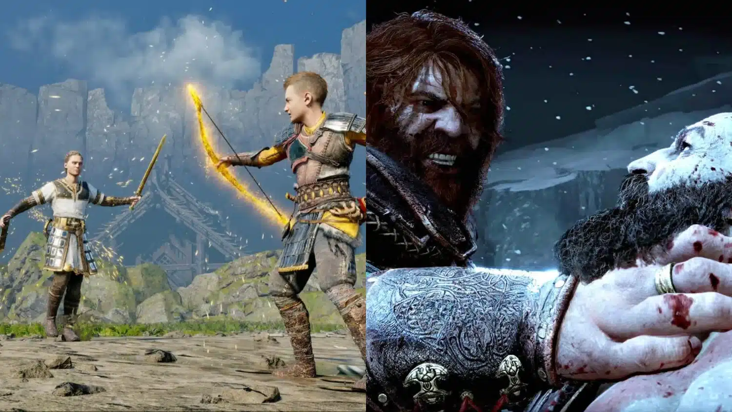 Image showing Atreus with a glowing bow battling Heimdall on the left, and a close-up of Thor holding Kratos by the neck