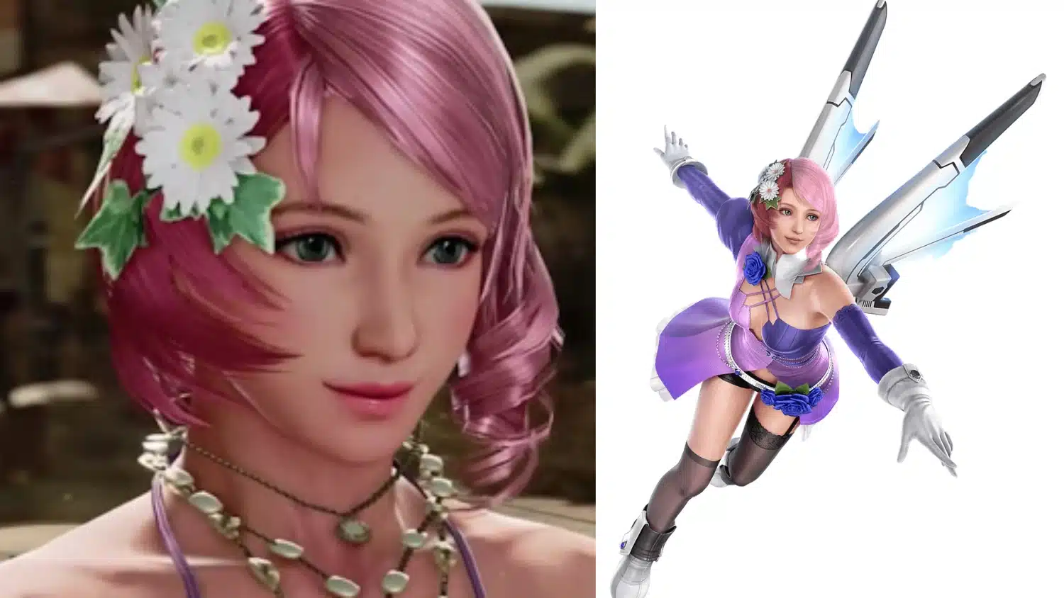 Image showing a close-up of Tekken Tag Tournament 2 character Alisa Bosconovitch next to a full-body rendering of her in silver mechanical wings