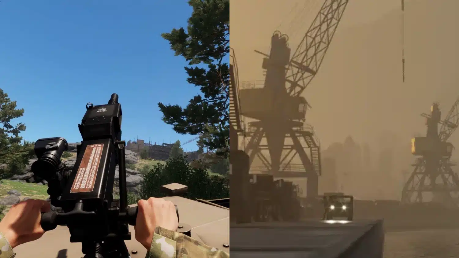 Image showing a first-person perspective of a mounted machine gun outdoors on the left, and a dock scene with cranes and a vehicle on the right