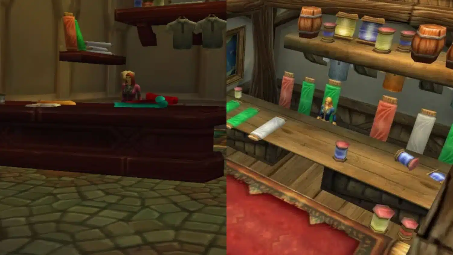 Image showing two low-polygon video game interiors from the World of Warcraft tailoring shops, featuring wooden counters, thread spools, etc