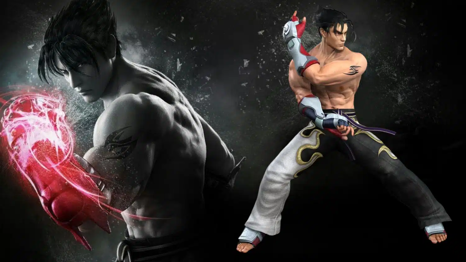 Jin Kazama from Tekken is depicted in two stances, one with a glowing red gauntlet and the other in his signature style with a fighting stance