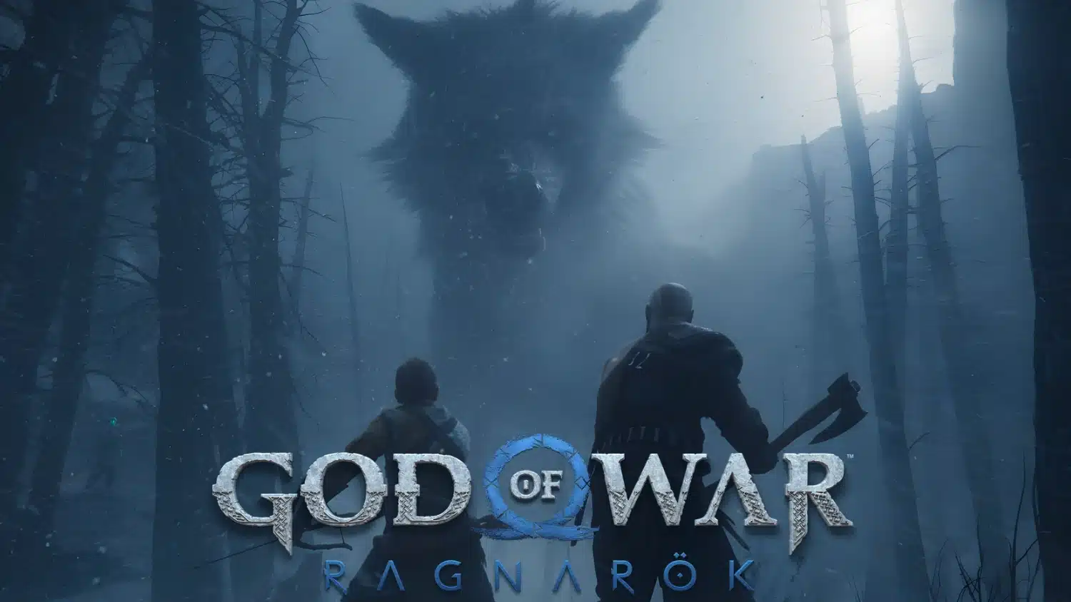 Kratos and Atreus are ready to the fight the colossal wolf Fenrir under a bright, misty sky in this God of War Ragnarok review