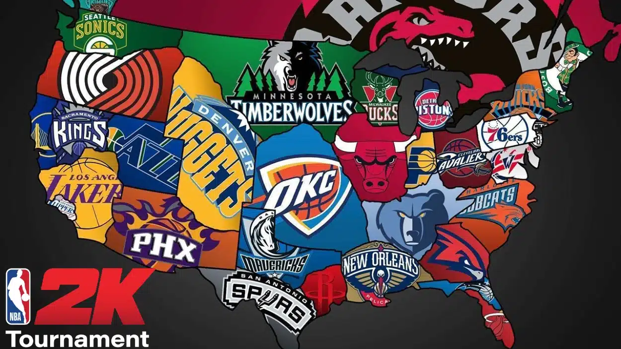 Map of the United States displaying the logos of various NBA teams, with an NBA 2K Tournament logo at the bottom