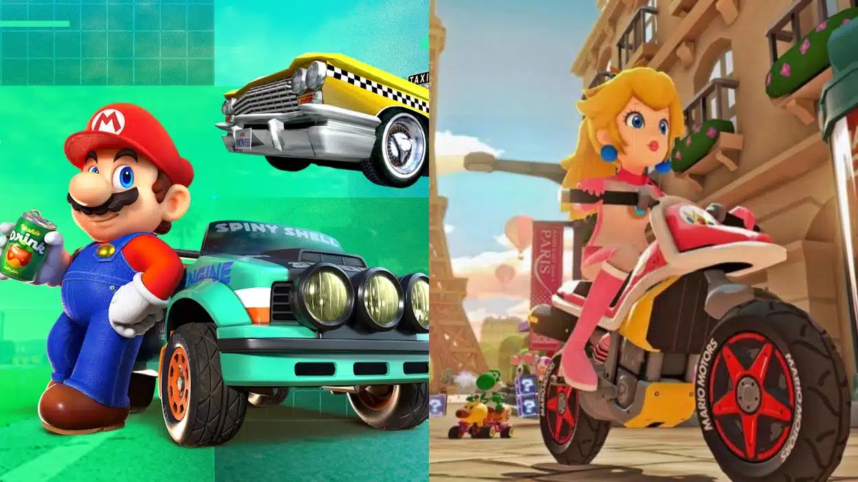 Mario holding a drink next to vehicles and Princess Peach riding a motorcycle in a city track scene from Mario Kart Tour