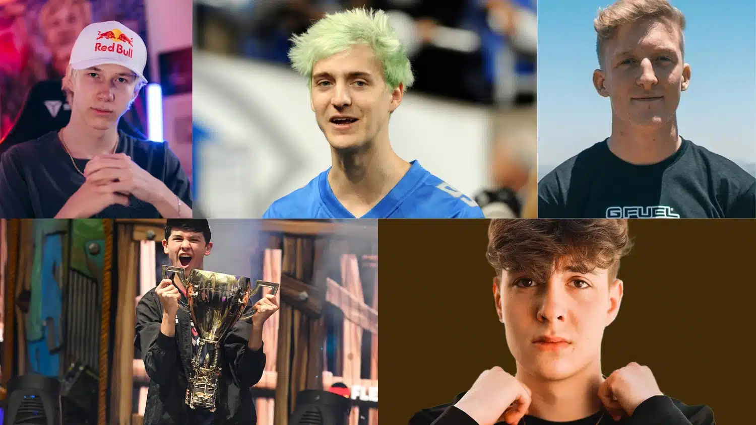 Montage of Fortnite pro streamers and esports players, including Ninja, Tfue, Clix, Mrsavage, and Bugha
