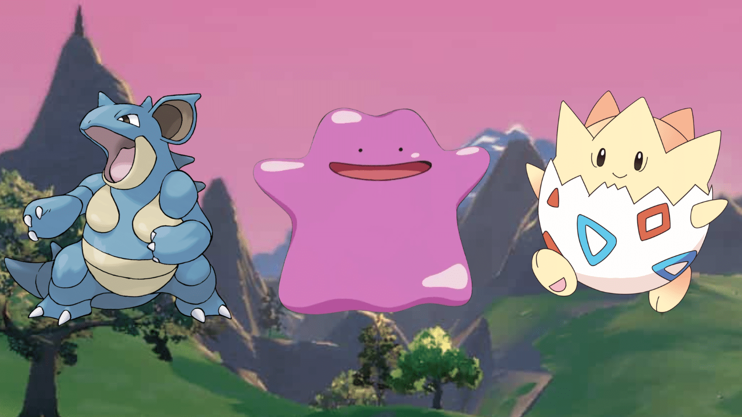 Nidoqueen, Ditto, and Togepi Pokémons displayed over a background resembling a stylized outdoor landscape with mountains and a pink sky