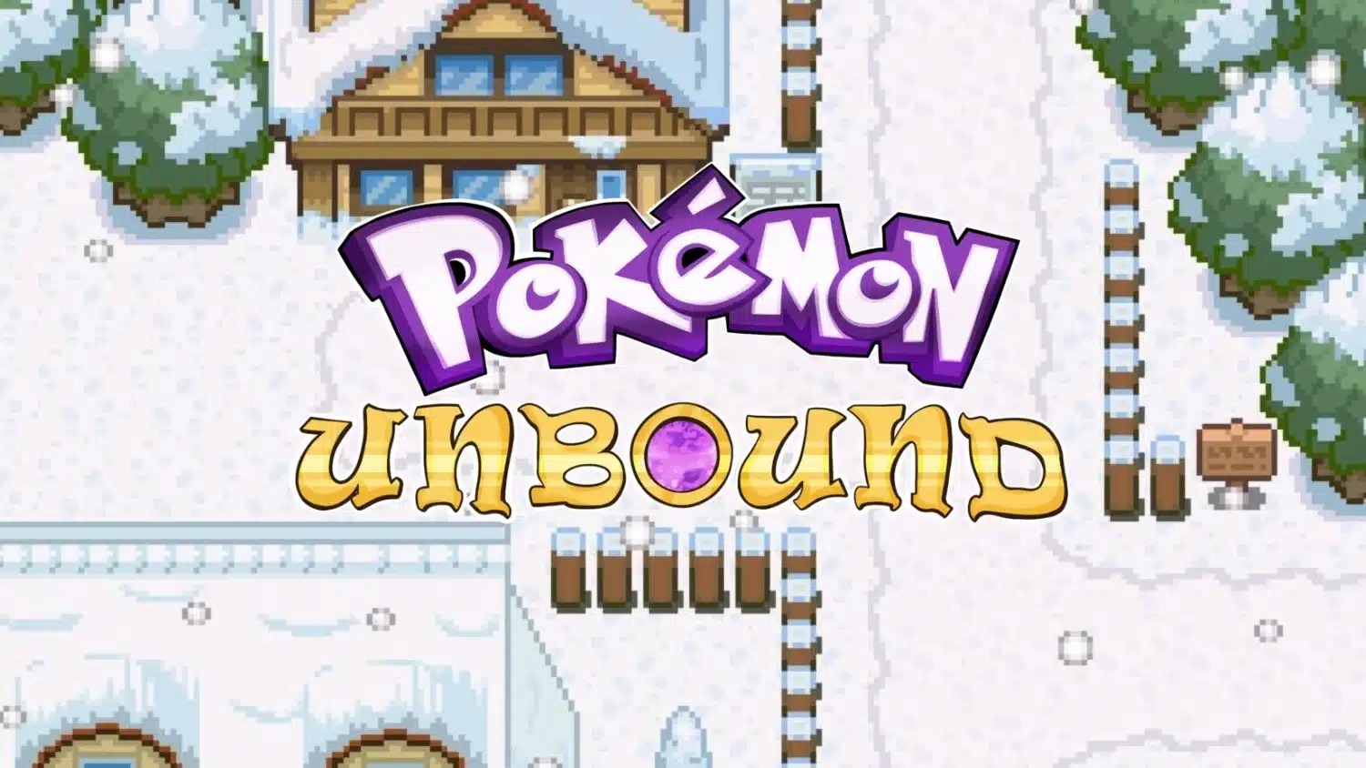 Pixel art title for the fan-made Pokémon game, Pokémon Unbound, featuring the snow-covered village known as Bellin Town