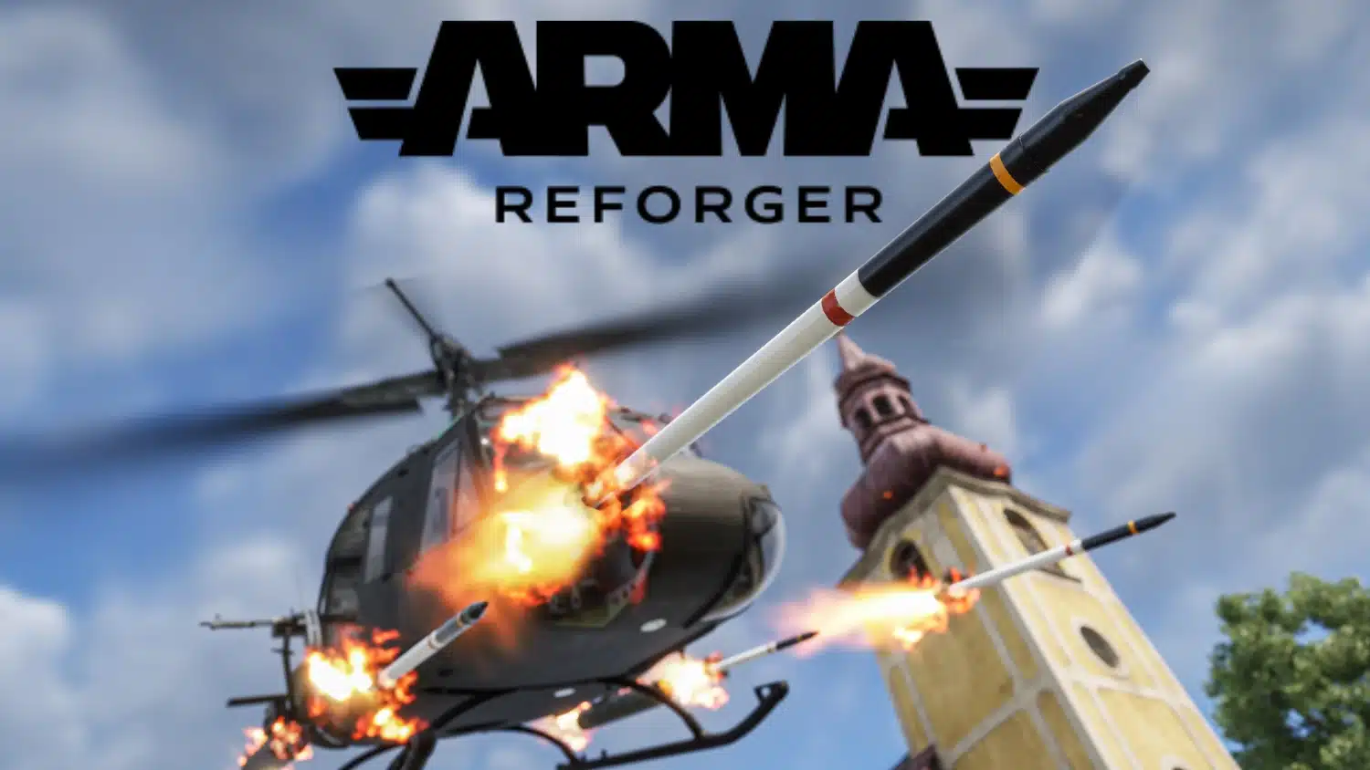 Snipped from ARMA Reforger showing a military helicopter launching flares over a European-style town square under a cloudy sky