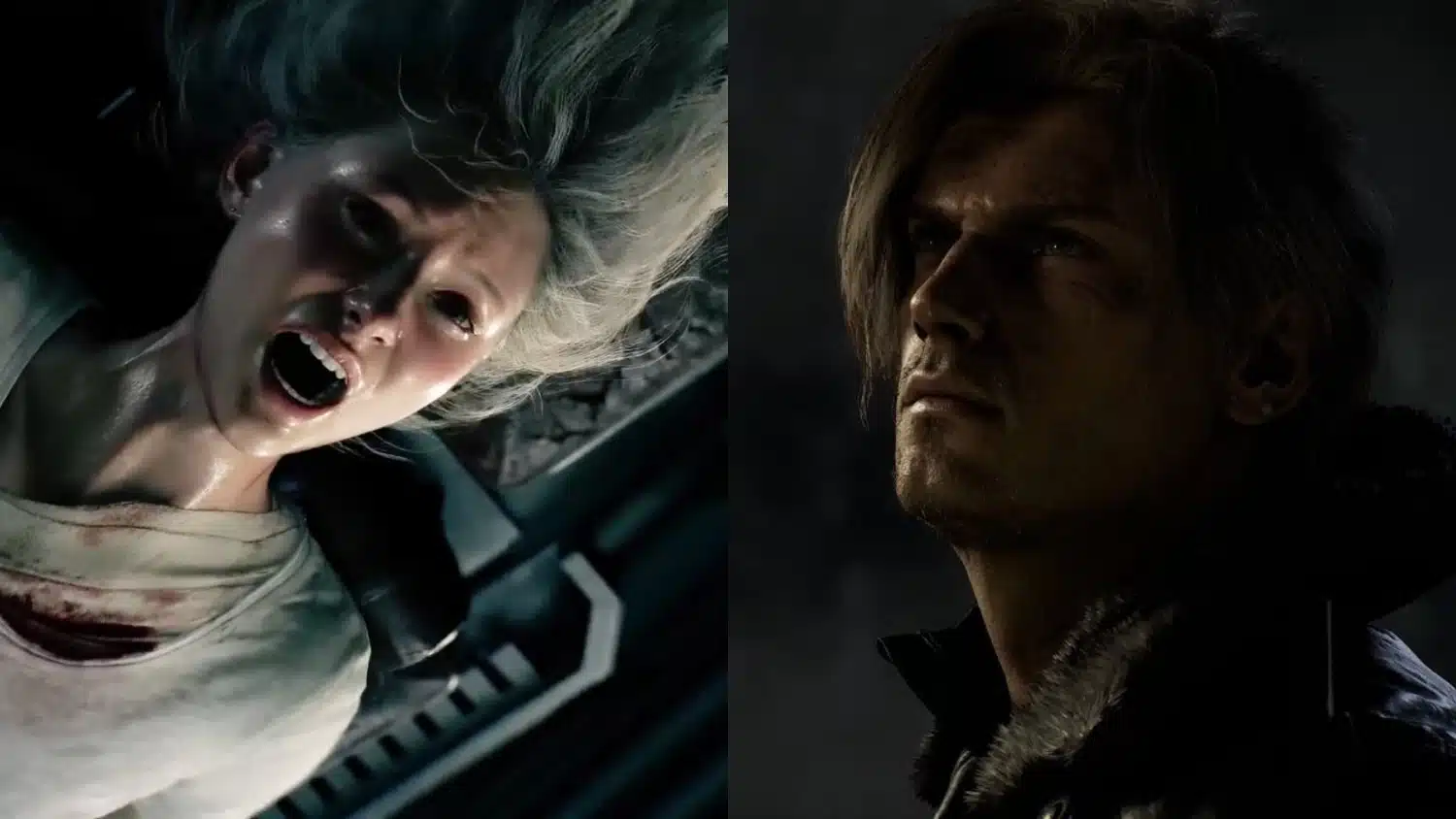 Split image showing Grace Ashcroft, a distressed, blonde woman screaming, and Leon S. Kennedy, in a fur-collared jacket