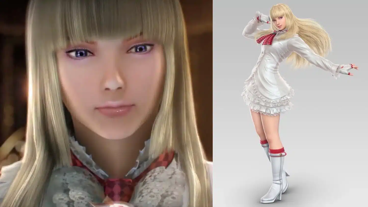 Split image showing a close-up of the face of the video game character Lili alongside her full-body render in a white, ruffled dress