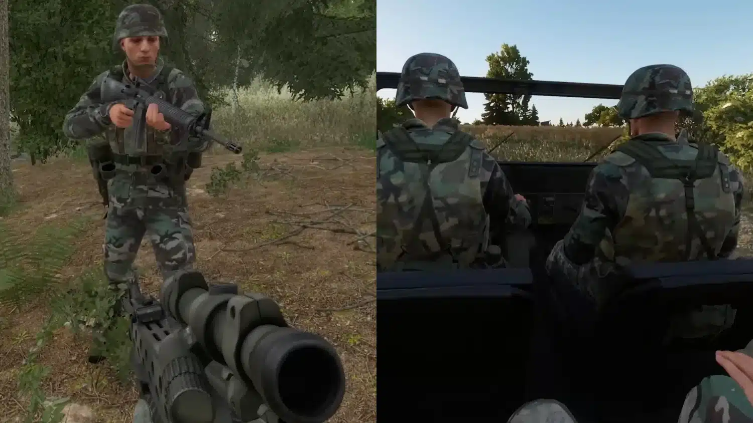 Split image showing a first-person view of a soldier holding a rifle and a third-person view of two soldiers driving a dark military vehicle