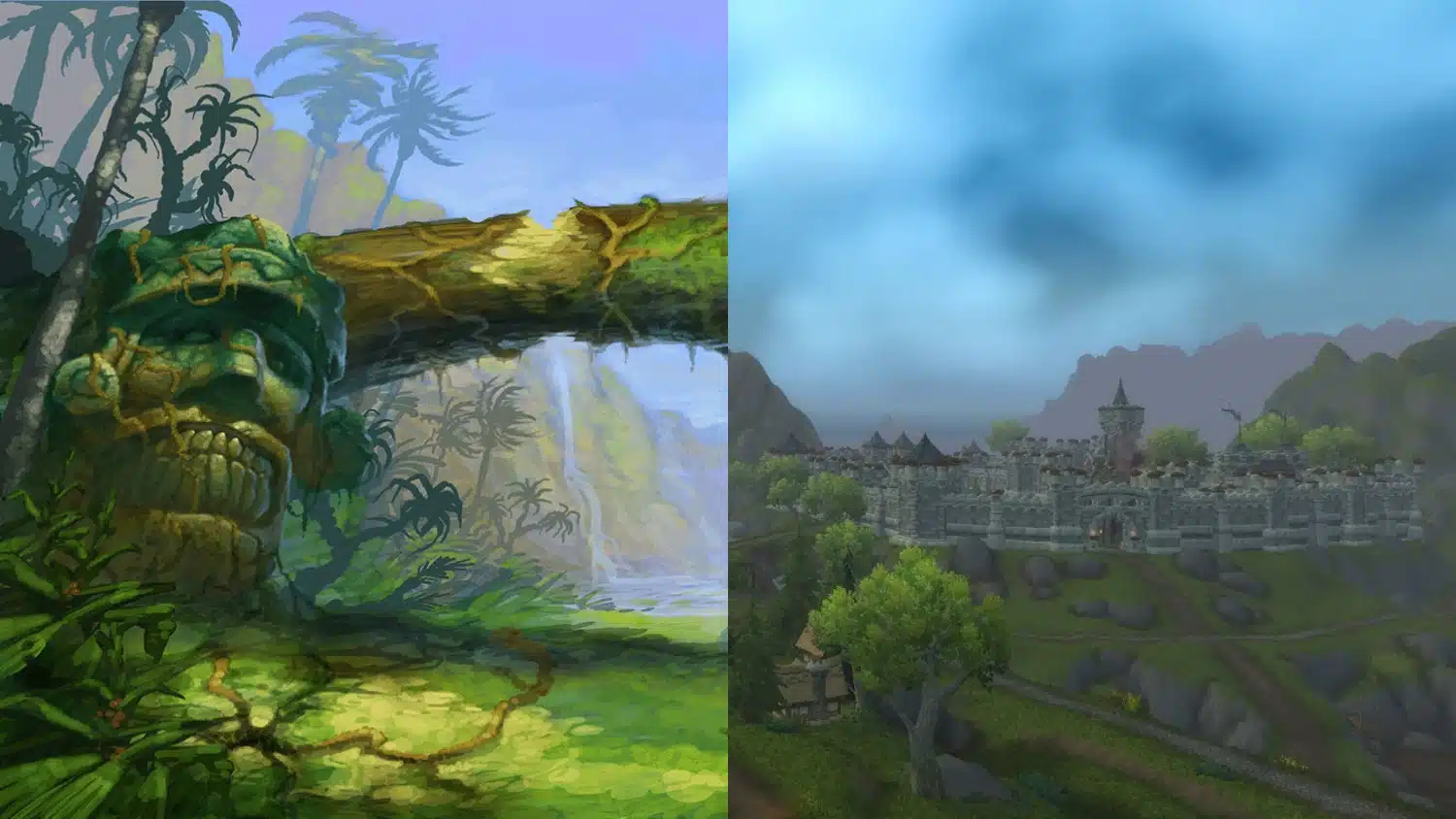 Split image showing the vibrant Stranglethorn Vale and Arathi Highlands, a walled fortress city under a hazy blue sky from World of Warcraft