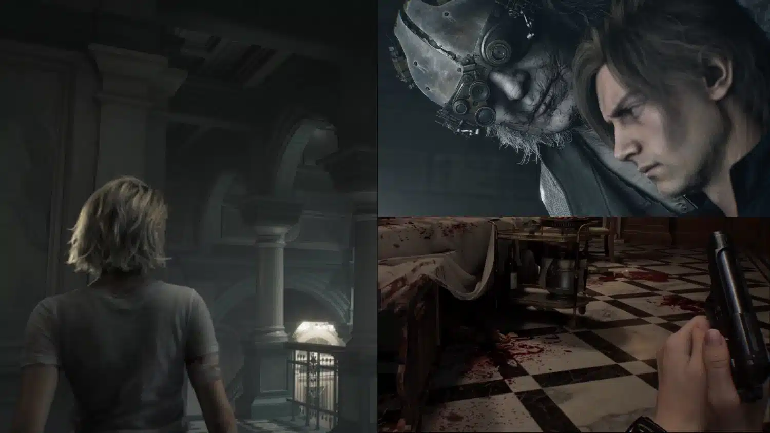 Split-screen collage featuring a Grace exploring a dark hallway, a close-up of Leon Kennedy and Victor, and a first-person view of a bloody room