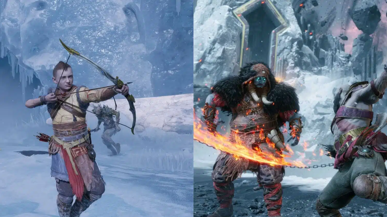 Split screen showing Atreus aiming his bow in a snowy environment on the left and a fiery, large enemy character confronting Kratos on the right