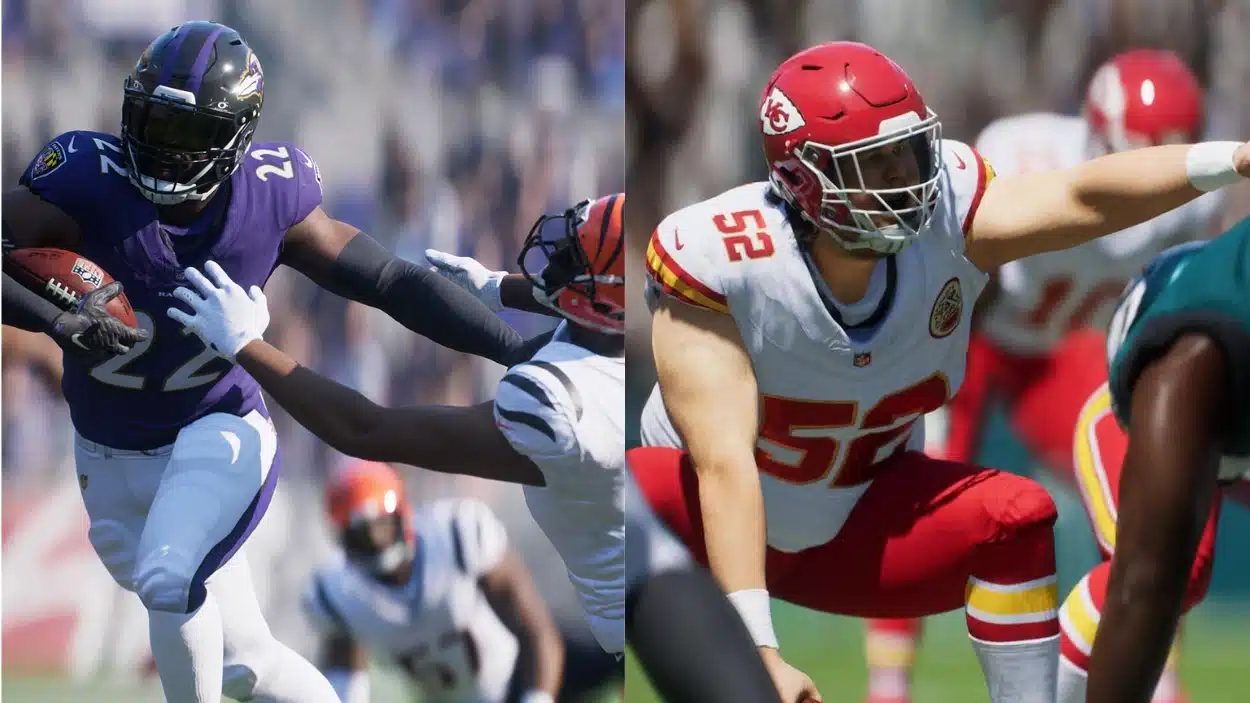 Split screen showing a Baltimore Ravens player running with the ball and a Kansas City Chiefs player in a defensive stance