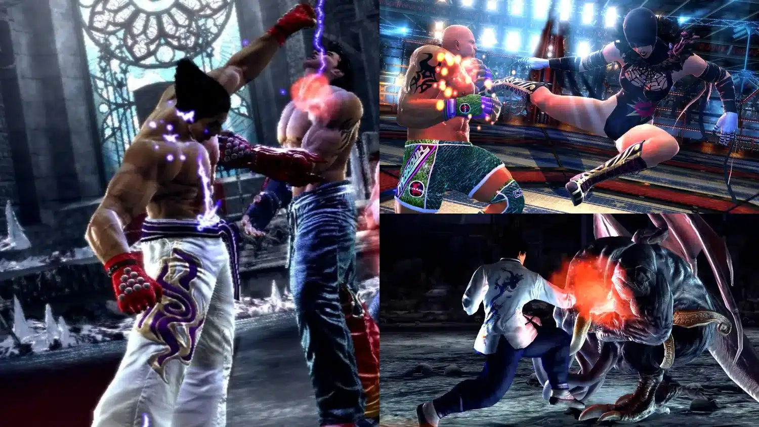 Tekken Tag Tournament 2 snippets showing different fights between fighters like Kazuya, Jin, Craig, and others