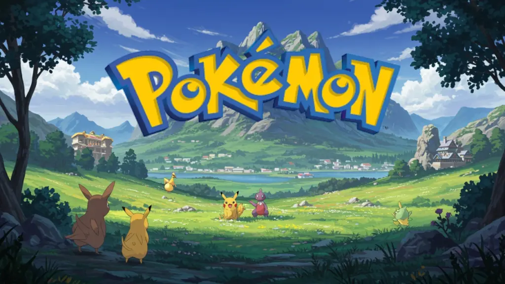 The Pokémon logo over a lush, mountainous landscape featuring various Pokémon, including Pikachu and other Pokémons