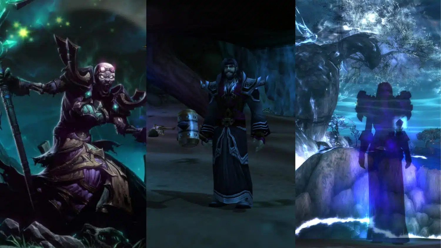 Triptych of World of Warcraft characters featuring a death knight illustration, a male character holding a hammer, and a shadow priest