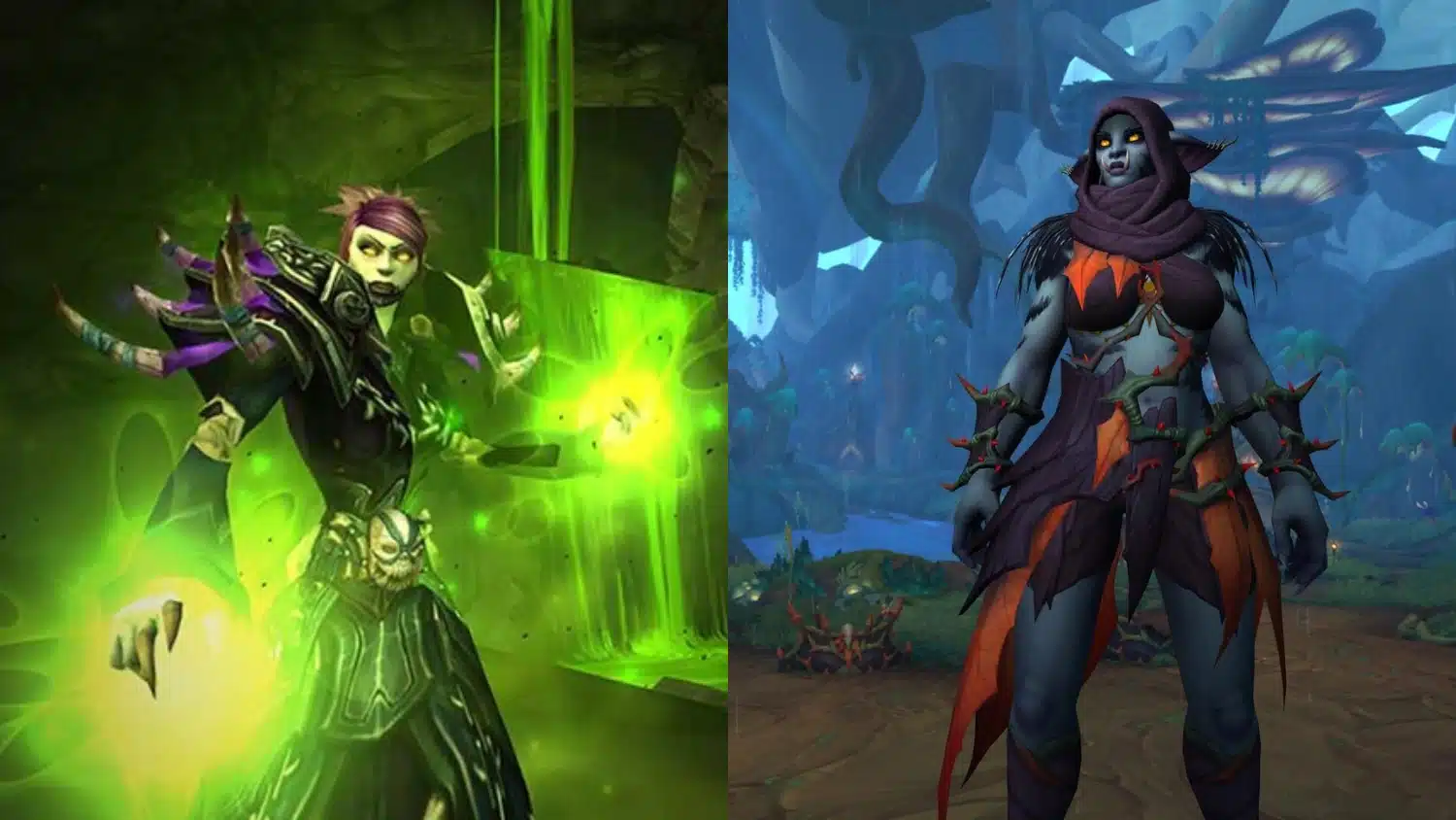 World of Warcraft character casting fel magic on the left and a Night Fae-themed character standing in a lush, blue-lit forest on the right