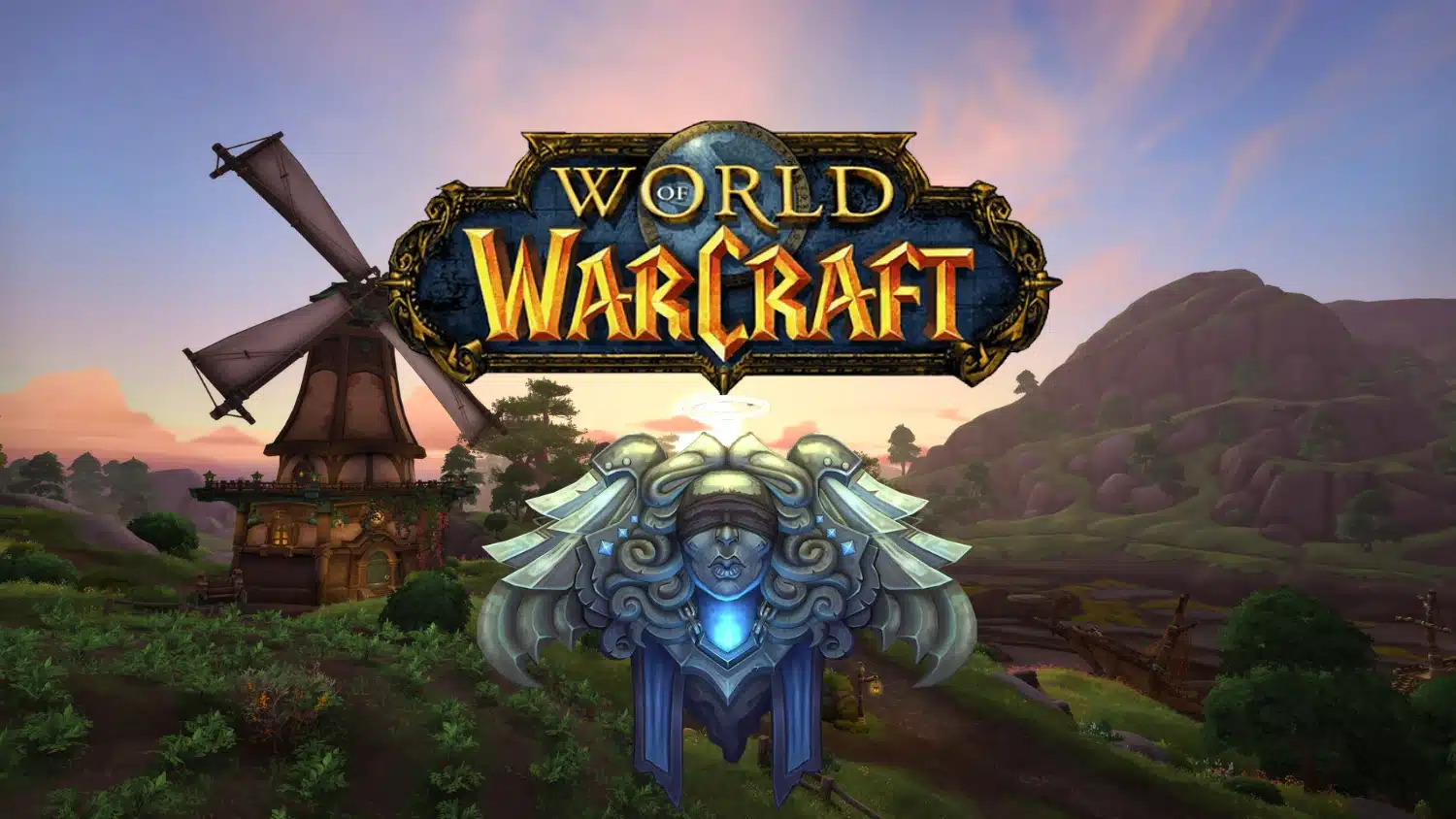 World of Warcraft logo above a bronze-winged celestial crest of Priests in front of a pastoral landscape featuring a windmill at sunset
