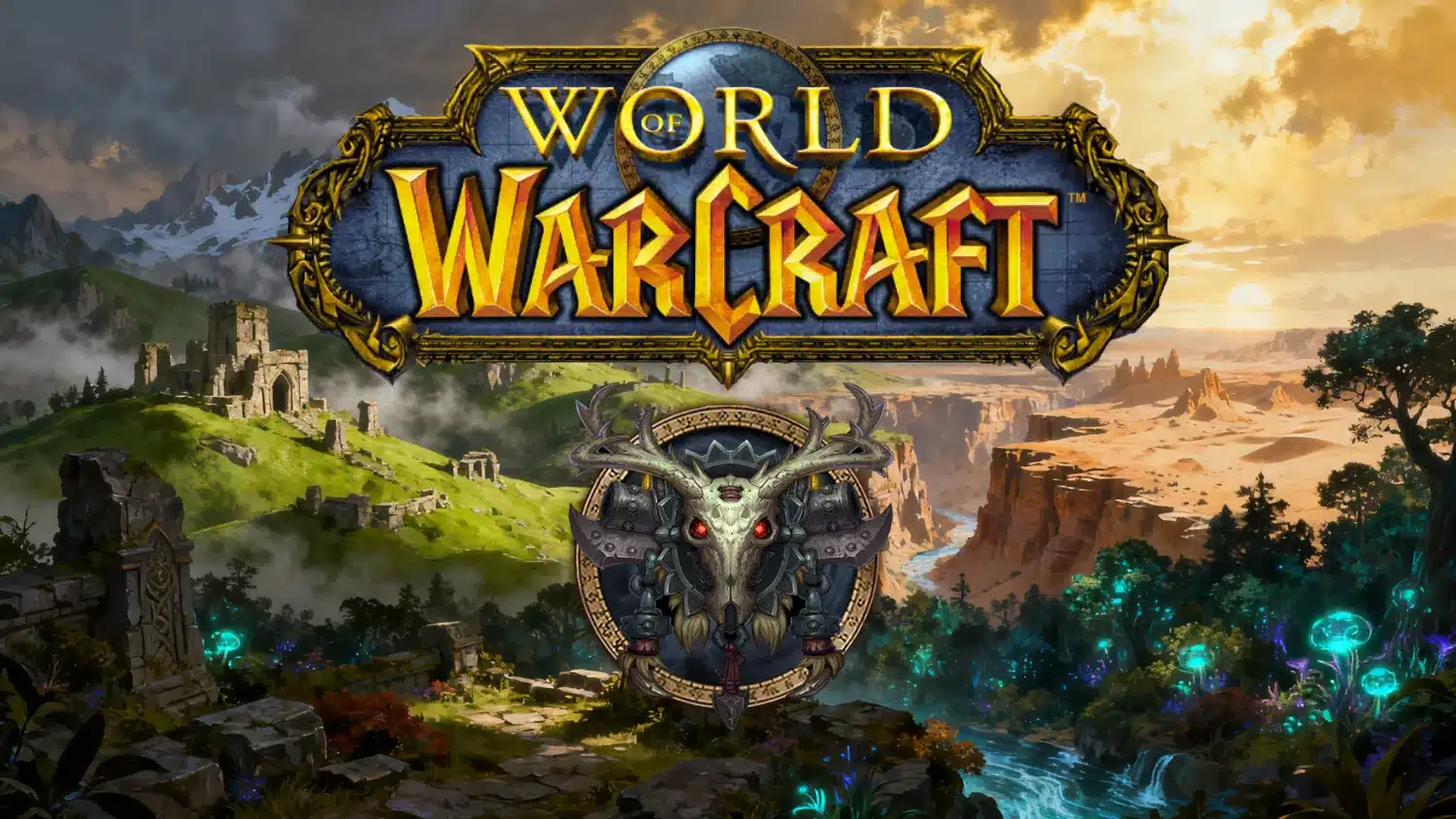 World of Warcraft logo centered over a dramatic landscape split between lush green ruins and a desert canyon, featuring the hunter's crest